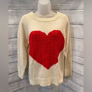 Cream and Red Crew Neck Sweater with Heart Design